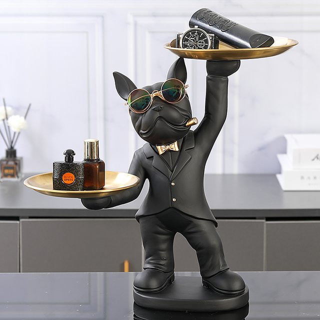 Milsccat Nordische Dekor-Skulptur Französische Bulldogge als Butler mit Tablett aus Harz in Orange - Bild 1