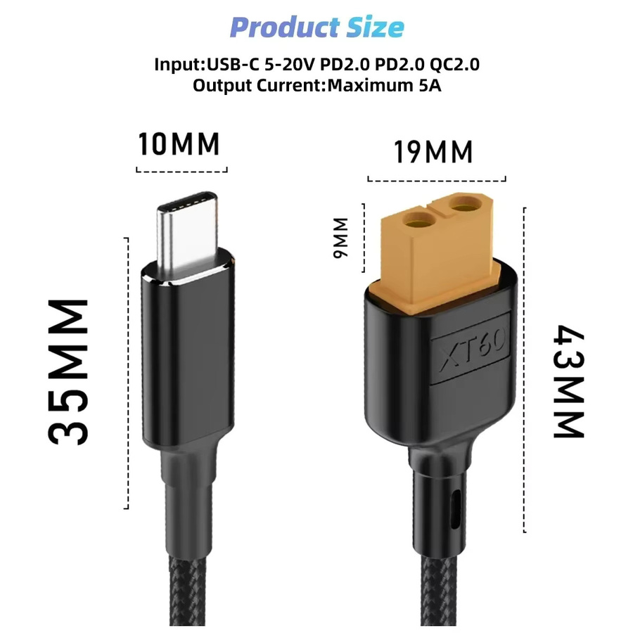 Toolkitrc USB C auf XT60 Konverter Ladekabel 100W PD Typ-C zu XT60 für Luftfahrt und Automodelle in Schwarz - Bild 5
