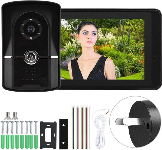 KONNWEI Video-Türsprechanlage mit 7-Zoll LCD Display, kabelgebundenes Eingangssystem mit App-Fernentriegelung in Schwarz - Bild 1