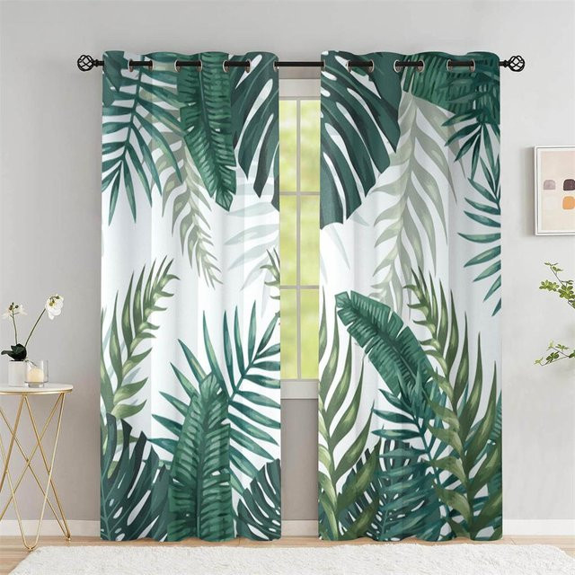 A Family Of Home Textiles Sommer-Vorhänge mit tropischen Palm- und Bananenblättern, halbtransparent, Weiß, B: 220 cm, H: 214 cm - Bild 1