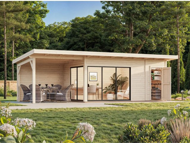 Palmako Gartenhaus Andrea Slide Plus aus Holz mit Pultdach in Natur, B: 833 cm, T: 300 cm - Bild 1