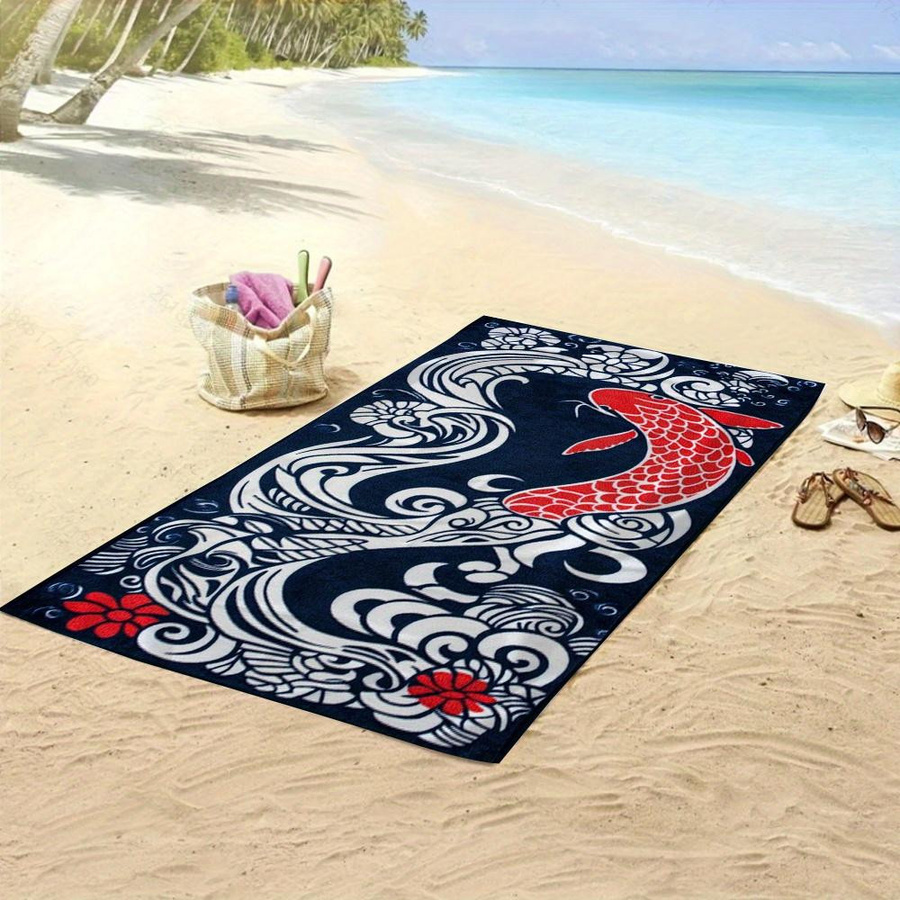 Vintage Japanisches Strandtuch mit Koi-Fisch und Blumendesign in Marineblau und Multicolor, Breite: 30 cm, Höhe: 60 cm - Bild 4