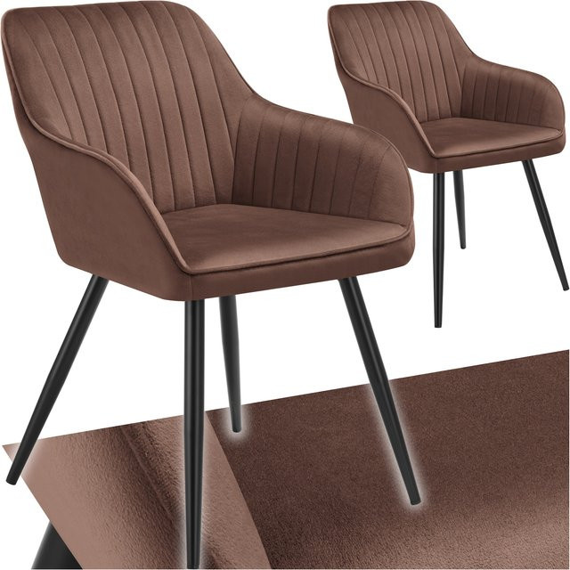 tectake Esszimmerstuhl Marilyn 2er Set, gepolstert in Samtoptik mit Steppmuster und Stahlbeinen, Braun/Schwarz, B: 58 cm, T: 62 cm, H: 82 cm - Bild 1
