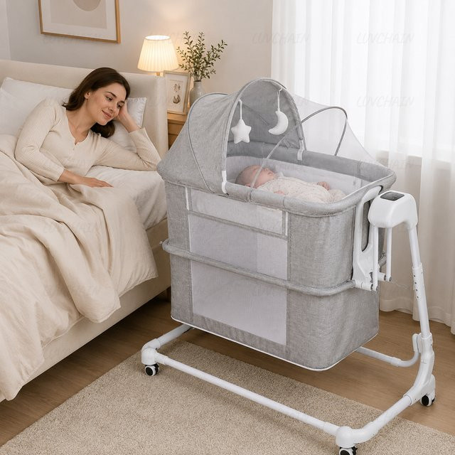 Elektrische Babywippe für Neugeborene in Grau mit Bluetooth, einstellbarem Neigungswinkel und Timer-Funktion - Bild 1