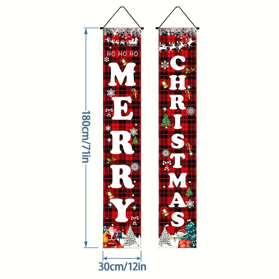VIKAMA Weihnachts-Tür-Wandteppich in Rot und Schwarz, kariertes Banner im Vintage-Stil zur Weihnachtsdekoration, B/H: 180 x 30 cm - Bild 5