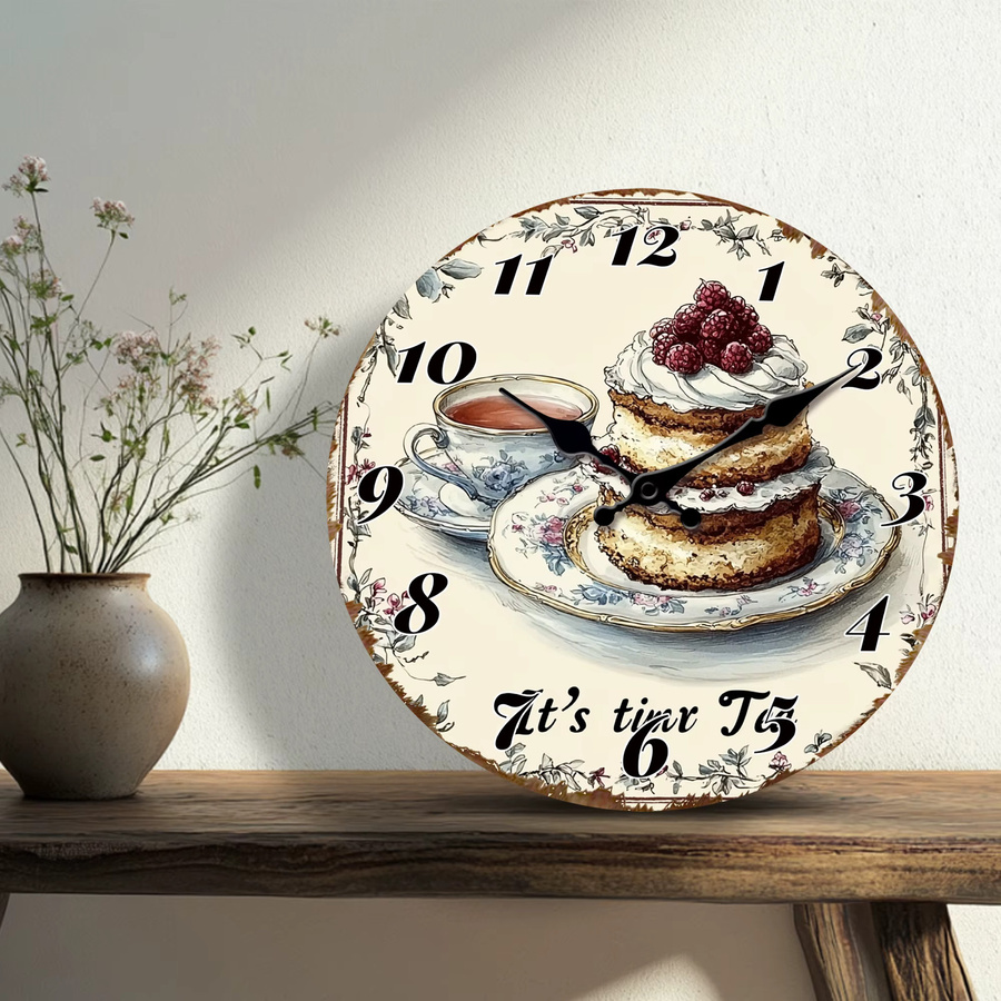 Vintage Tea Time Cake Runde Wanduhr mit Dessert-Illustration und leisem Quarzwerk in Multicolour - Bild 2