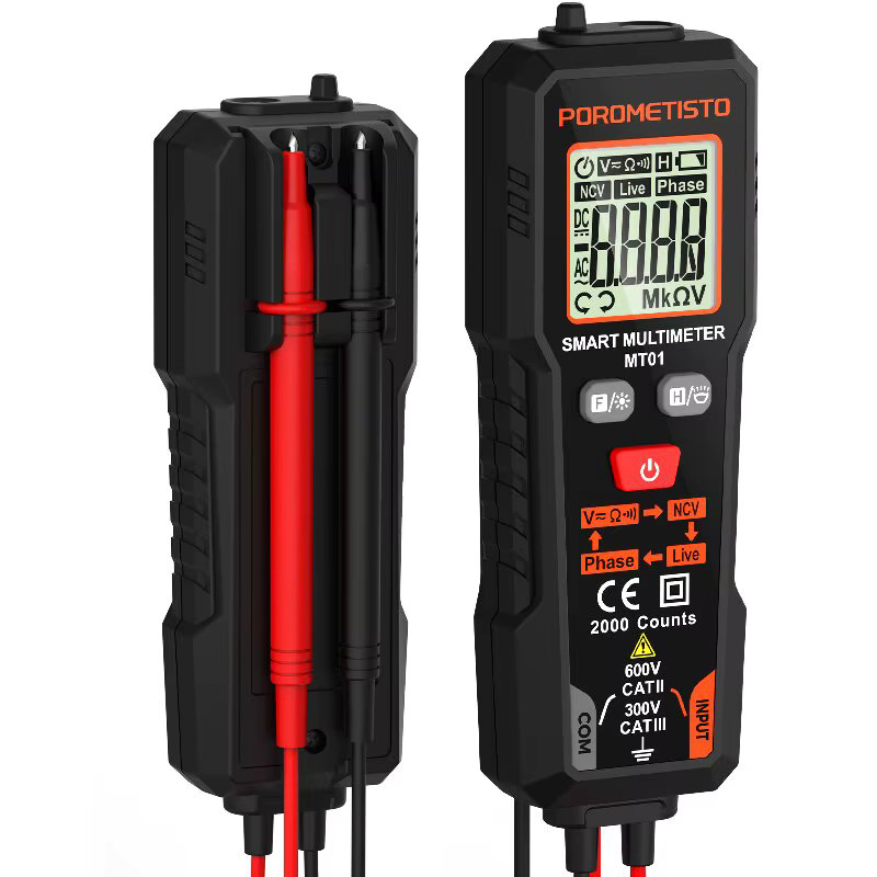 POROMETISTO Digitalmultimeter MT01 in Schwarz mit 2000 Zählungen, 600 V AC/DC-Voltmeter, automatischer Bereichswahl, NCV-Phasenfolge und Hintergrundbeleuchtung - Bild 3