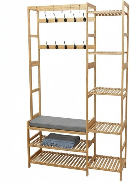 Relaxdays Garderobenständer aus Bambus mit Sitzbank und 15 Haken, Natur, H x B x T: 175 x 104 x 33 cm - Bild 1