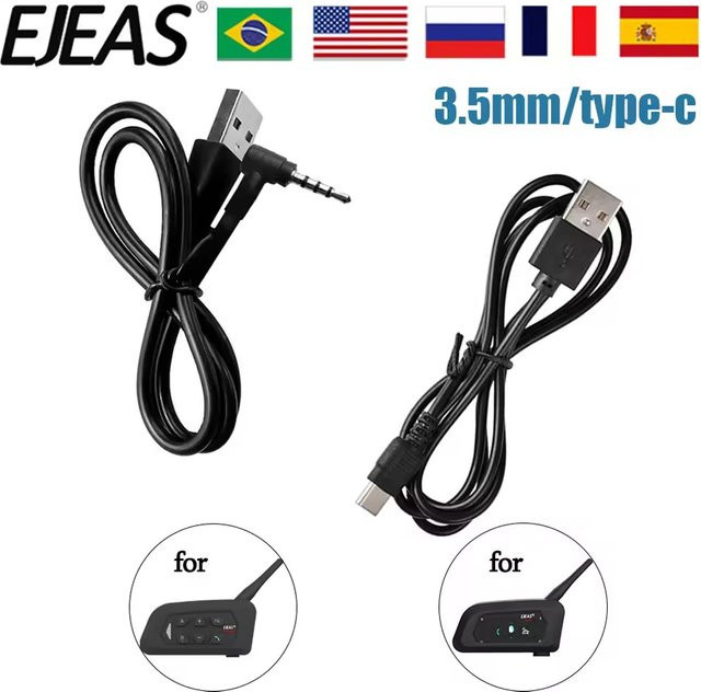 EJEAS USB-Ladekabel für Vnetphone V6 und V4 Bluetooth-Gegensprechanlagen, Schwarz, mit 3,5 mm Klinke und USB-C Anschluss - Bild 1