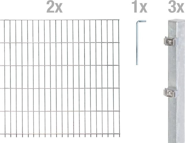 Metallzaun Doppelstabmatte Grund-Set aus Stahl, feuerverzinkt, Farbe: Silber, Höhe: 80 cm, Breite: 200 cm, Tiefe: 50 cm - Bild 1