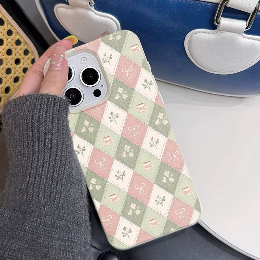 Lichee-Leder Handyhülle mit Argyle-Teetassenmuster in Rosa-Grün für Samsung Galaxy S26 S25 S24 S23 S22 S21 S20 S10 Plus FE Ultra 4G 5G - Bild 2