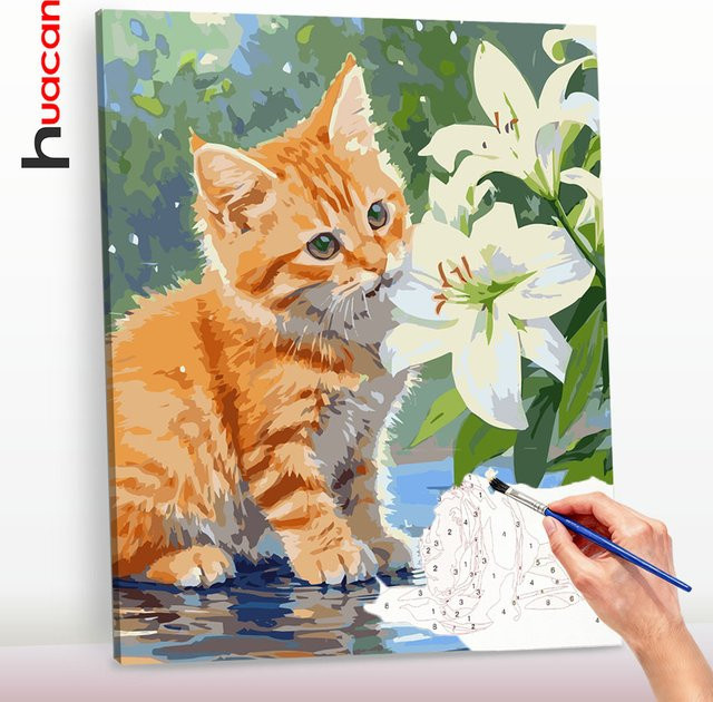 Huacan Malen nach Zahlen, Katze, Blume, Leinwand, Mehrfarbig - Bild 1