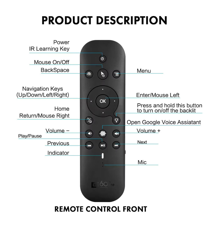 OLOEY G60S Pro BT5 0,2 Dual Mode Wireless Air Mouse mit IR-Lernen, Sprachsteuerung und Hintergrundbeleuchtung für Android TV Box, Schwarz - Bild 4