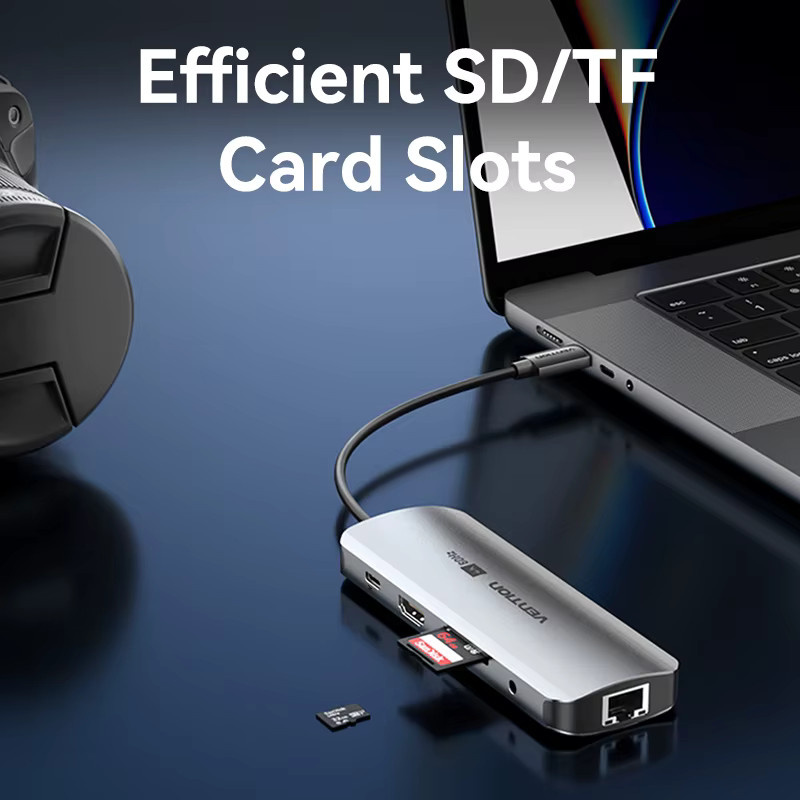 Vention 9-in-1 USB-C Dockingstation mit HDMI 4K UHD, RJ45, PD 100W, SD/TF und 3,5 mm Klinke für MacBook Pro, Xiaomi und Samsung - Bild 4