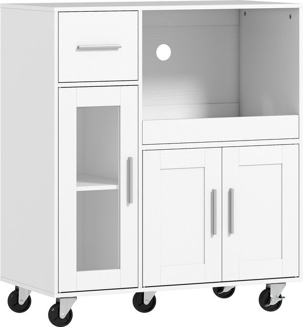 HOMCOM Küchenschrank auf Rädern als Sideboard und Mikrowellenschrank mit ausziehbarem Tablett, Schublade und verstellbaren Ablagen, Farbe: Weiß - Bild 1