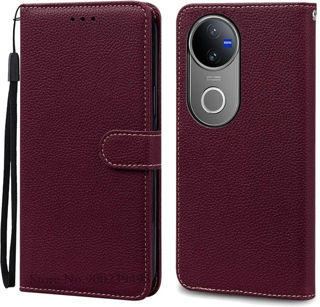Lederhülle Vivo V50 5G Flip Wallet mit Ständerfunktion in Weinrot - Bild 1