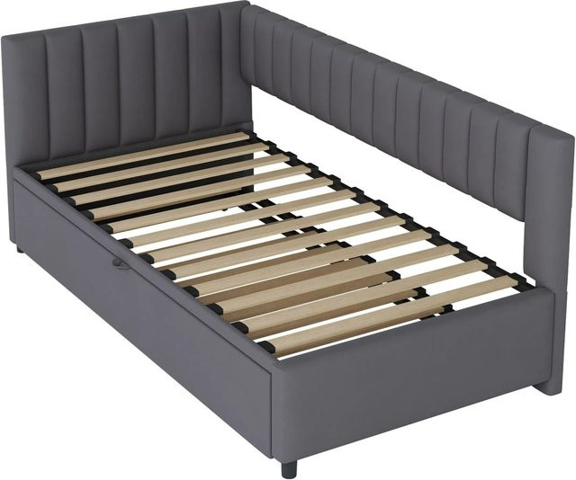 KOMHTOM L-förmiges Schlafsofa mit Ausziehbett aus Samt in Grau, platzsparendes Polsterbett für Kinder oder Gäste, B/T/H: 90 x 200 cm - Bild 1