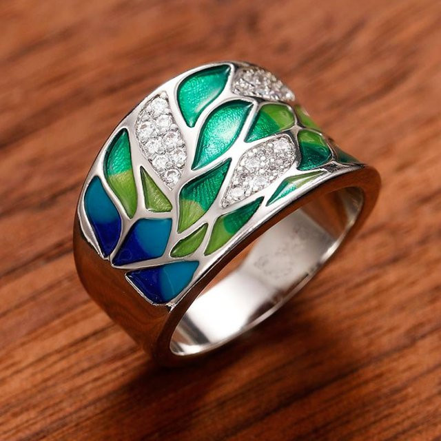Huitan Sanfter Ring, grünes Blatt-Emaille, Zirkonia, Damen, Bohemia-Stil - Bild 1