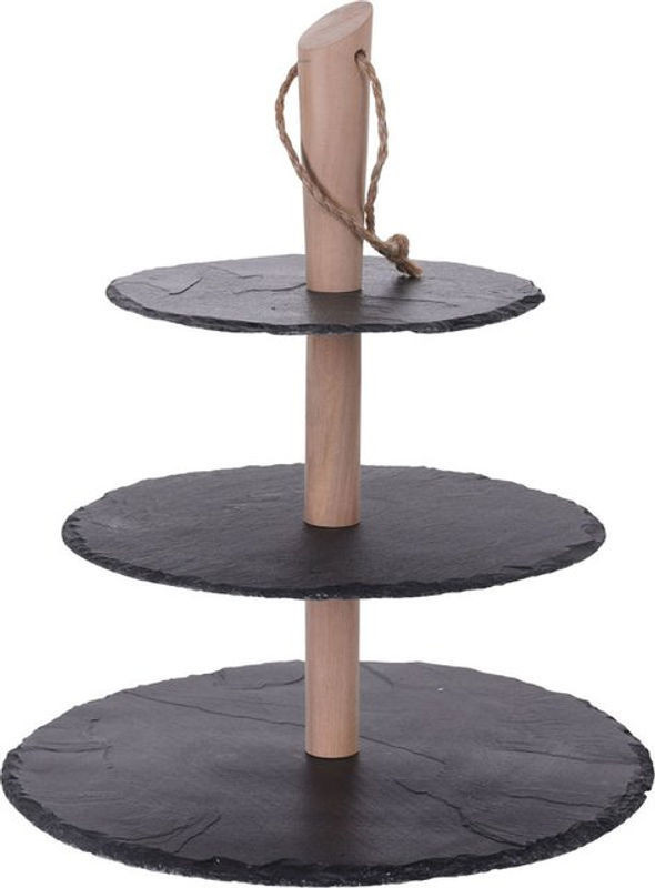 Spetebo Schiefer Etagere in Schwarz mit 3 runden Platten und Holzständer, 3-stöckiger Etagenständer im skandinavischen Design, Durchmesser: 36 cm - Bild 1