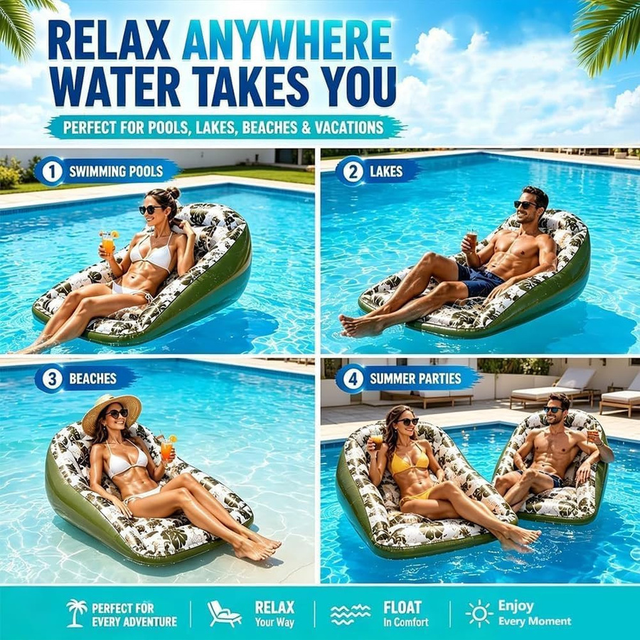 YDM Beauty Life 3-in-1 aufblasbarer Pool-Liegestuhl mit Getränkehalter und Netzgewebe in Grün - Bild 3