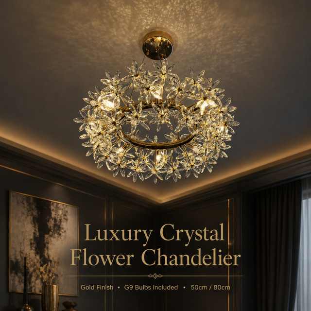 KFKF Kristallblumen-Kronleuchter in Gold mit G9 Fassung für Wohnzimmer, Esszimmer und Foyer - Bild 1