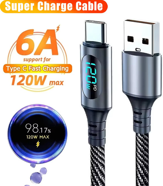 Xiaomi USB-C zu Typ-C Ladekabel mit LED-Digitalanzeige, 120W, 6A, Schwarz - Bild 1