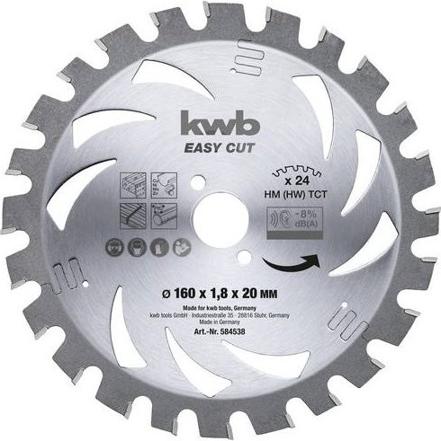 Kwb Hartmetall Kreissägeblatt 584538 mit 24 Zähnen für Holz, Metall und Kunststoff, Farbe: Silber, Durchmesser: 160 mm, Bohrung: 20 mm, Stärke: 1,2 mm - Bild 1