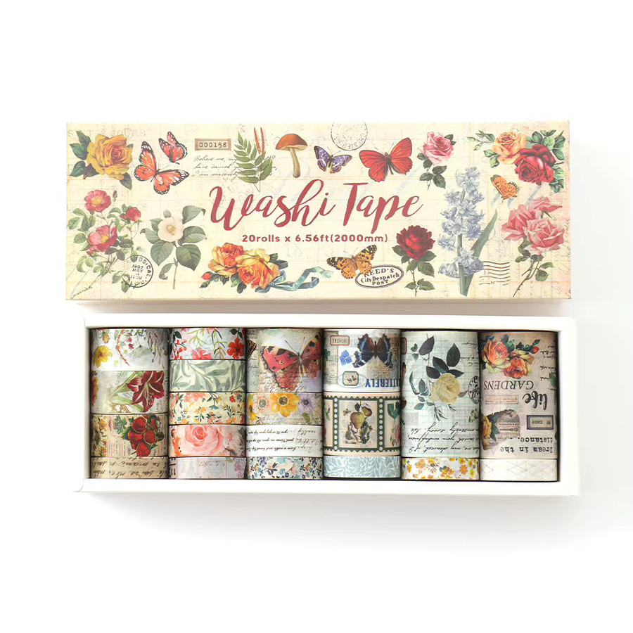 20er Set Washi Tape aus Papier mit Vintage-Motiven wie Pflanzen, Schmetterlingen und Blumen in Multicolour für DIY-Dekorationen und Planer - Bild 4