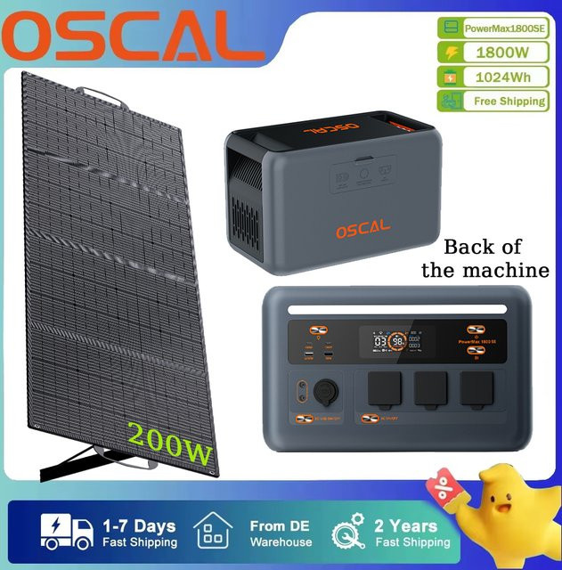 OSCAL PowerMax 1800SE Powerstation 1800W mit 1024Wh LiFePO4-Akku und 200W Solarpanel inklusive AC 220V Ausgang für Camping und Wohnmobil - Bild 1