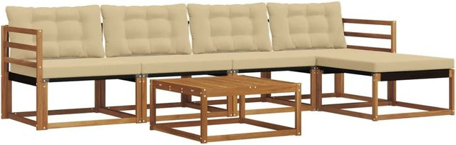 vidaXL 6-teilige Outdoor-Sofagarnitur aus Akazienholz mit Textilene und Kissen in Natur und Beige - Bild 1