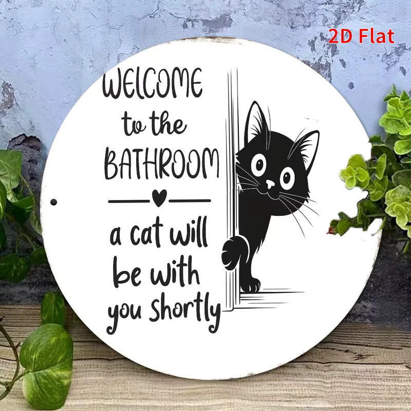 Potdemiel Badezimmer-Türschild Welcome to the Bathroom mit Katzenmotiv, rundes Metall-Türschild in Schwarz-Weiß, Durchmesser: 20 cm - Bild 5