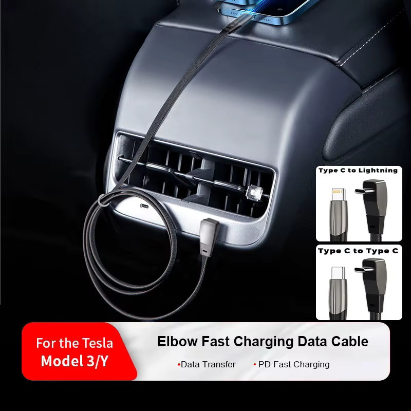 1m USB-C Ladekabel für Tesla Model 3 Highland und Model Y Juniper, 60W Schnellladekabel mit Winkelstecker, Daten- und Ladekabel in Schwarz - Bild 3