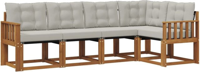 vidaXL Outdoor-Sofagarnitur 5-tlg. in L-Form aus Akazienholz und Textilene mit Kissen, Natur und Hellgrau - Bild 1