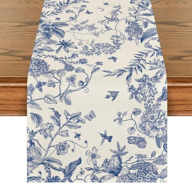 JINGYUE Pet Tischläufer aus Leinen mit Monochrom Vögel Skizze Design in Weiß, B/L: 150 x 33 cm - Bild 1