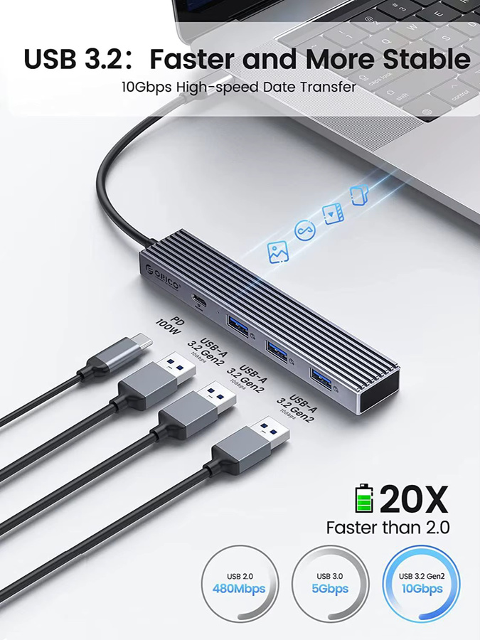 ORICO USB-C Hub mit 4 Ports, USB 3.2 10 Gbps, PD 100W Unterstützung, SD und TF Kartenleser, OTG Adapter für PC und Computer, Grau - Bild 4