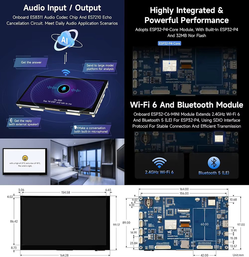 Waveshare ESP32-P4 WIFI6 7-Zoll IPS Touchscreen-Display Entwicklungsboard mit ESP32-C6 und OV5647 Kamera in Schwarz - Bild 5