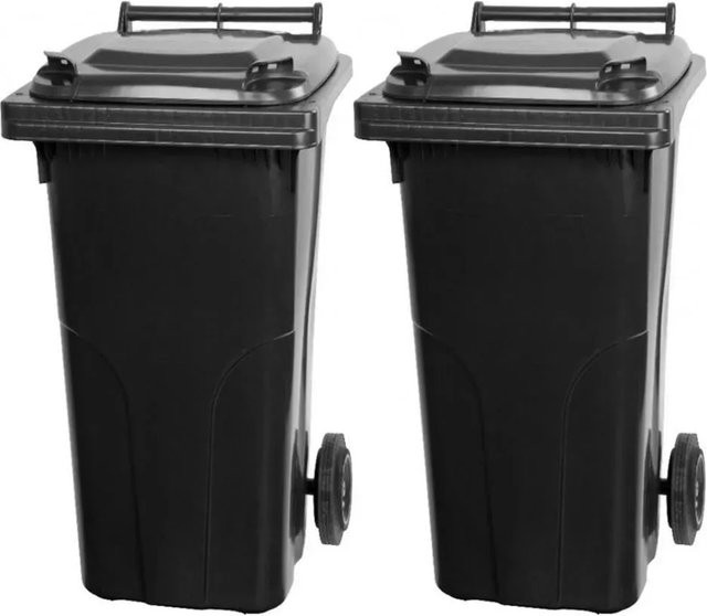 PROREGAL SuperSparSet 2x Mülltonne mit 2 Rädern aus HDPE-Kunststoff, 120 Liter, Grau/Schwarz - Bild 1