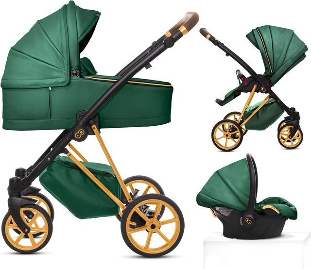 TPFLiving 3in1 Kinderwagen Royal Kombikinderwagen aus Kunstleder in Grün mit goldenem Gestell inklusive Babywanne und Regenschutz - Bild 1