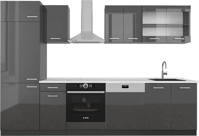 Vicco R-Line Küchenzeile Anthrazit Hochglanz mit Marmor-Optik, Breite: 300 cm - Bild 1