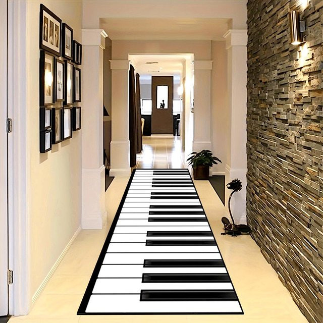 Rutschfester Langstreifen Teppich mit Klavier-Design in Weiß, ideal für Flur, Küche oder Balkon, B/T: 60 x 300 cm - Bild 1