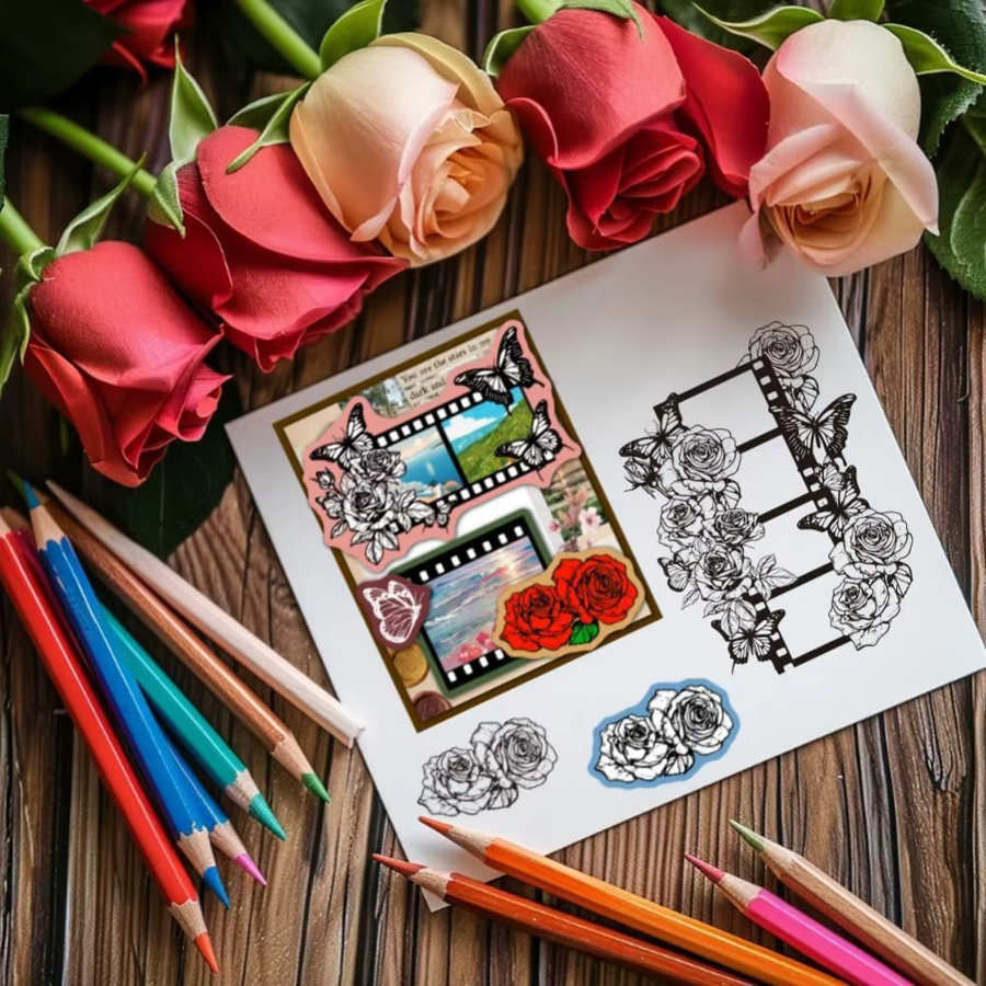 Transparente Bastelstempel mit Schmetterlingsblumen-Motiv und Vintage-Filmrandung für die Kartenherstellung - Bild 4