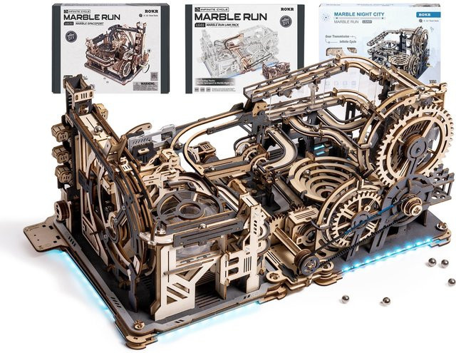 ROBOTIME Rokr 3D-Holzpuzzle, Marmor-Laufmaschine mit Kurbelgetriebe, Acryl-Schiene - Bild 1