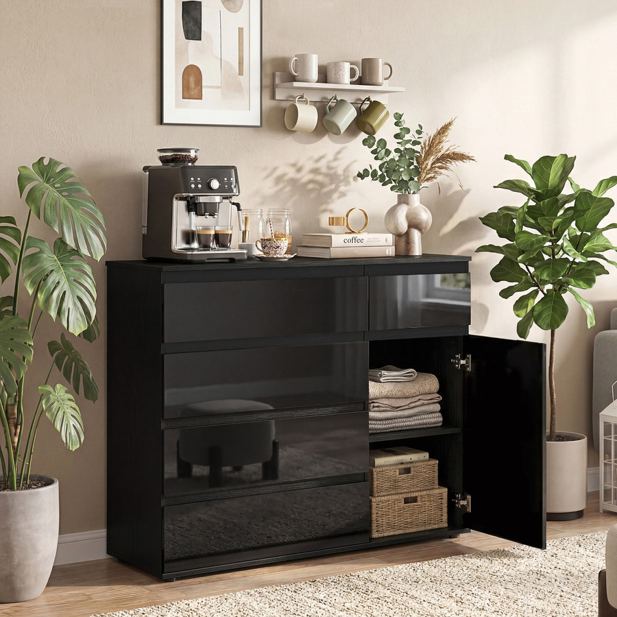 HOMCOM Sideboard Kommode mit 5 Schubladen und Soft-Close-Funktion, Aufbewahrungsschrank mit verstellbarem Regal für Wohnzimmer, Küche oder Esszimmer, Hochglanz Schwarz, B/T/H: 100 x 40 x 80 cm - Bild 2
