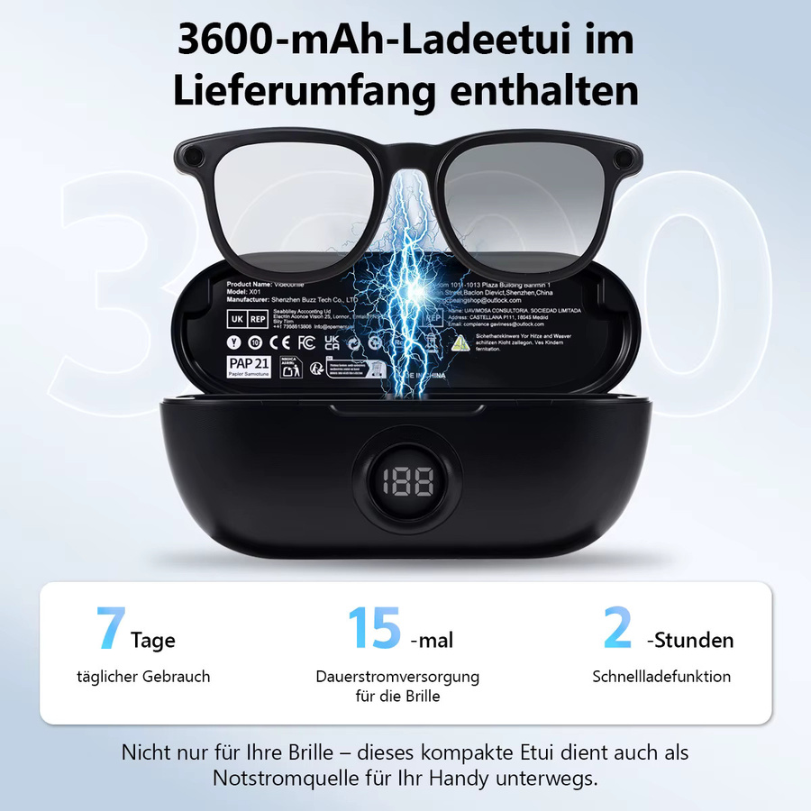 Hganus KI Smart Glasses mit Kamera und 3600 mAh Akku, Intelligente Übersetzung, Foto- und Videoaufnahme, Sonnenbrille in Schwarz, Kompatibel mit ChatGPT, App, WiFi 4 und Bluetooth 5.3 - Bild 4