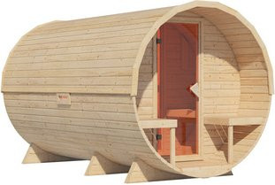 KARIBU Fasssauna Lauvas 3 aus Fichtenholz und Espe, braun, B/T/H: 389 x 224 x 229 cm - Bild 1