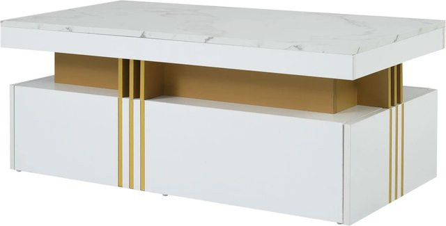 okwish Couchtisch Rechteckig mit Hochglanzplatte und 2 Holzschubladen in Weiß mit Marmorierung, B/T/H: 100 x 50 x 44 cm - Bild 1