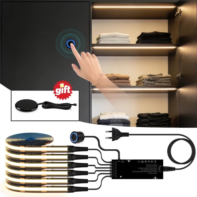 AIMENGTE Mehrkanaliges COB LED-Streifenset mit schwarzer Leiterplatte, dimmbarer Berührungsschaltung und Sensorschalter für Schrank und Möbel - Bild 1
