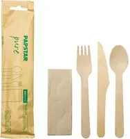 Papstar Besteckgarnitur Pure aus Holz in Beige und Braun mit Messer, Gabel und Löffel in matter Optik - Bild 1