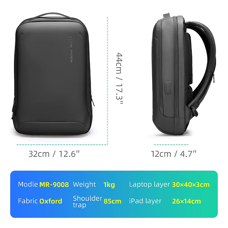 Mark Ryden Schlanker Business Laptop-Rucksack für Herren in Schwarz mit USB-C Anschluss und kratzfestem Material - Bild 5