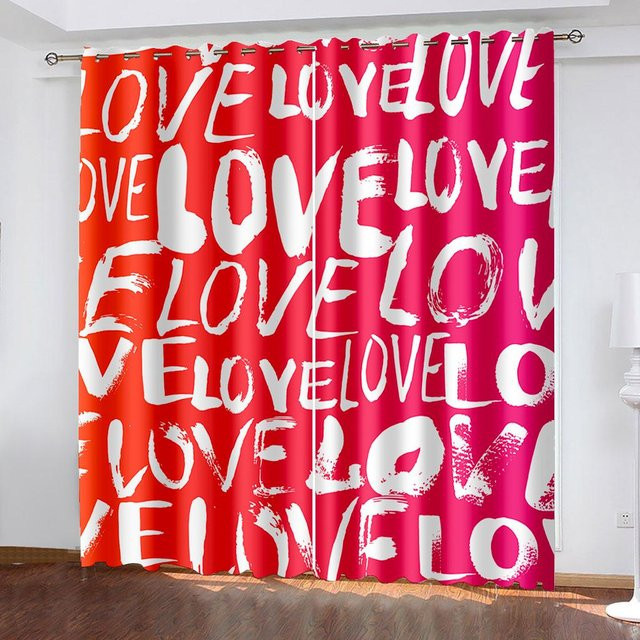 Zweiteiliges Valentinstag Vorhangset mit digitalem Muster aus Polyester, rot, halbtransparent, Breite: 50 cm, Höhe: 130 cm - Bild 1